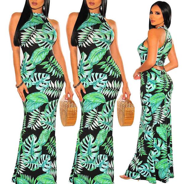 

jumpsuits,rompers beautiful trend big size 2021 long skirt large women's sleeveless floral chiffon green leaf print dress
