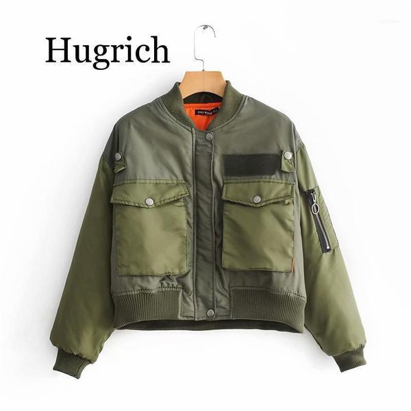 

women green bomber jackets long sleeve o-neck with pocket zipper female coats1, Black;brown