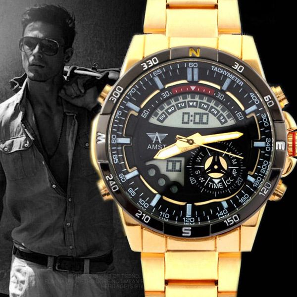 

wristwatches amst mens watches analog digital led sports men gold plated clock dual display military male relogio masculino, Slivery;brown