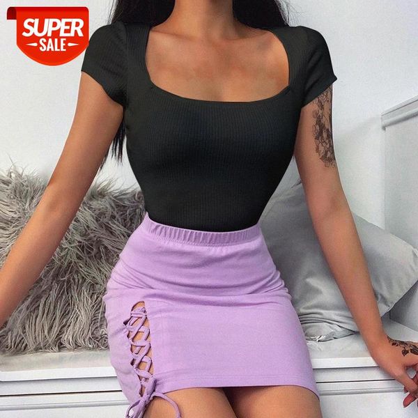 

[in stock]european and american women's summer thread short-sleeved 26079 solid color square neck slim t-shirt women #os0b, White