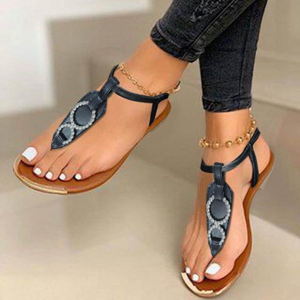 

sandals summer flat women gladiator crystal open toe ladies beach roman buckle strap female shoes 2021 d4, Black