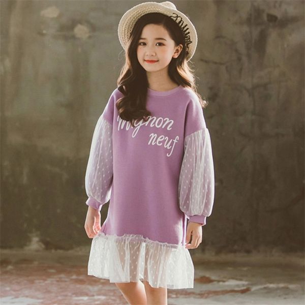 

4-13 years children autumn thin clothing girl puff sleeve mesh patchwork dress teenager girls letter princess 210429, Red;yellow