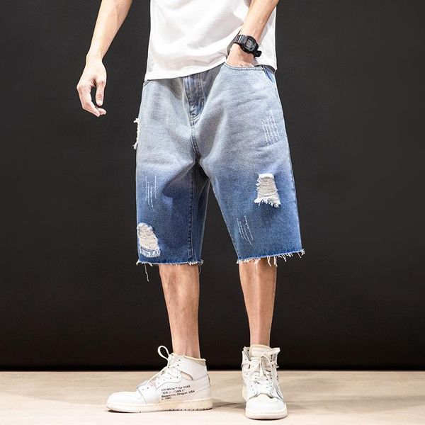 

men's jeans 2021 summer fashion japanese gradient denim five-point pants youth casual loose, Blue