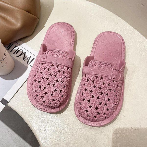 

slippers summer women's baotou hollow out flower soft bottom hole shoes non slip wear-resistant beach shoe home slipper bathroom, Black