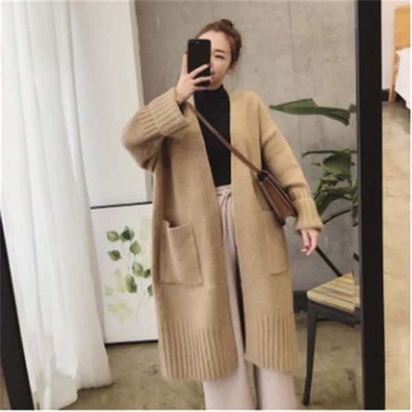 

fall womens korean style loose big pockets knitted cardigan long fashionable sweater winter thick casual mujer 210604, White
