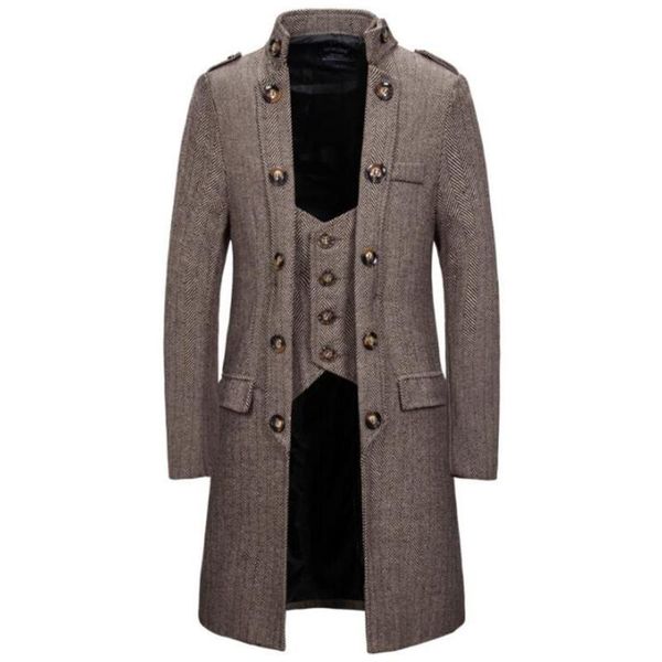 

men's wool & blends fake two-piece woolen coat men's self-cultivation casual large size mid-length windbreaker casaco masculino jaq, Black