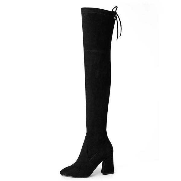 

boots women flock long spike 8cm high heels fetish over the knee thigh block winter plush warm party shoes, Black