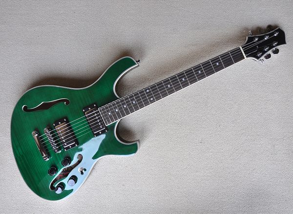 

green semi hollow electric guitar with flame maple veneer,rosewood fingerboard,can be customized