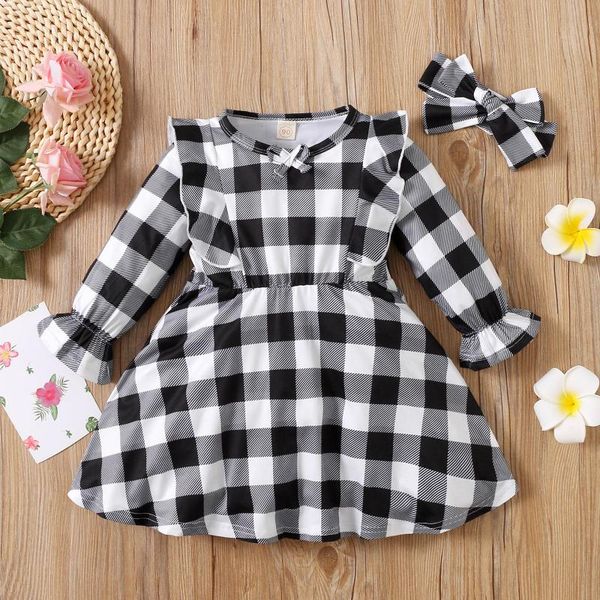 

girl's dresses baby girls clothes autumn winter long sleeve plaid printed ruffles princess dress+headbands toddler dress kids clothing, Red;yellow