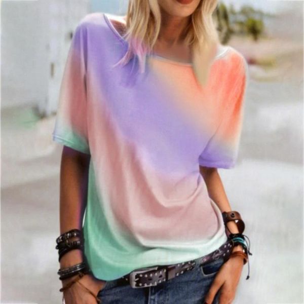 

women's t-shirt oeak 2021 arrival women casual round neck rainbow printed loose tie dye plus size s-5xl, White