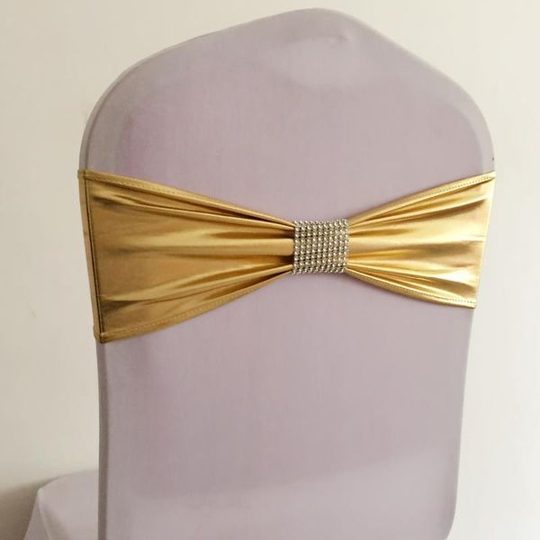 

20pcs gold silver lycra spandex metallic chair sash band with diamond buckle elastic stretch wedding chair bow ties event decor