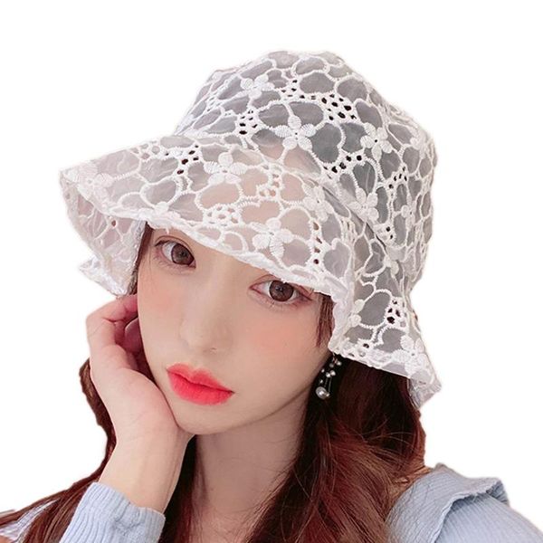 

wide brim hats 2021 korean fashion lace black bucket hat summer sun for women hollow flower fishermen casual lady, Blue;gray