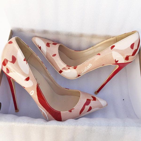 

fashion women lady patent graffiti print leather poined toe stiletto high heel pump high-heeled shoes wedding dress, Black