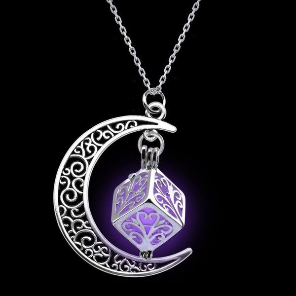 

hollow moon luminous stone pendant crystal glow necklace gift necklaces, Silver