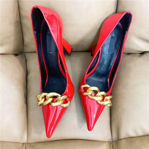 

dress shoes casual designer lady women red genuine leather chains pointy toe high heels stripper zapatos mujer party, Black