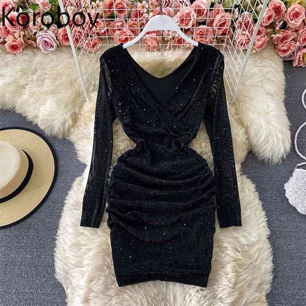 

korobov gauze patchwork mini dress women v neck long sleeve sequined blingbling dresses female slim waist basic vestidos mujer 210430, Black;gray