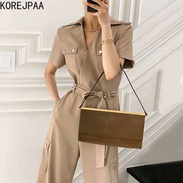 

korejpaa women jumpsuit summer korea chic female temperament lapel multi-pocket design lace-up waist wide-leg jumpsuits 210526, Black;white