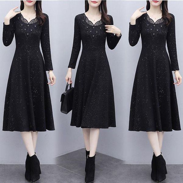 

casual dresses women autumn dress 2021 v-neck long sleeve patchwork high waist black maxi plus size party vestidos y946, Black;gray