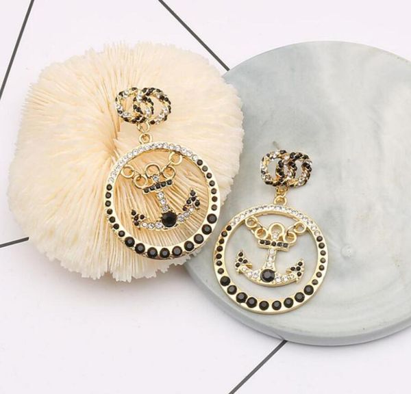 

wholesale luxury designer brand letter charm stud earrings fashion women 18k gold plated geometric boat anchor crystal rhinestone pendant ea, Golden