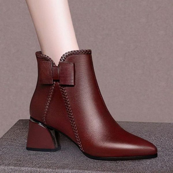 

women's soft synthetic fur boots, winter narrow point, bow tie, square heel, side zipper, black and brown boots
