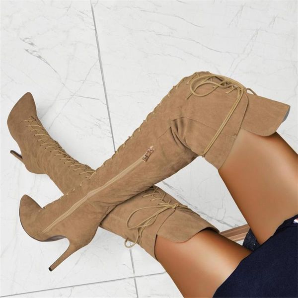 

boots selling beige suede over the knee women pointed toe stretch fabric lace-up tight high shoes plus size long, Black