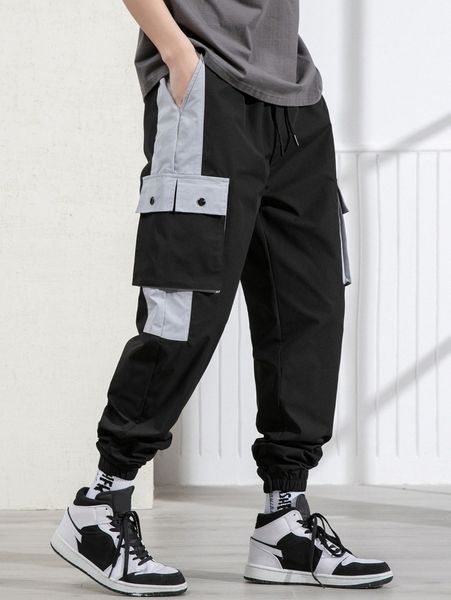 

men flap pocket contrast panel drawstring waist cargoÂ pants g526#, Black