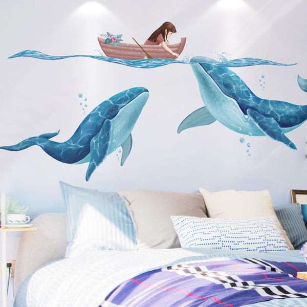 

wall stickers [shijuekongjian] cartoon girl boat sticker diy whales animals mural decals for kids rooms baby bedroom home decoration