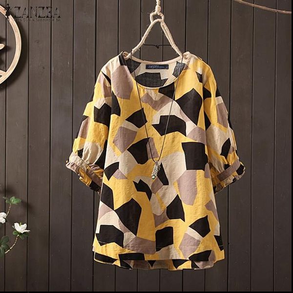 

summer tunic zanzea vintage womens shirt printed casual short puff sleeve tee shirts female o neck blusas plus size, White