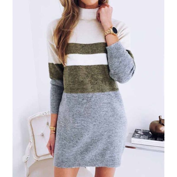 

women pullover knitted dress casual turtleneck patchwork loose long sleeve basic dress autumn winter clothesby air, Black;white