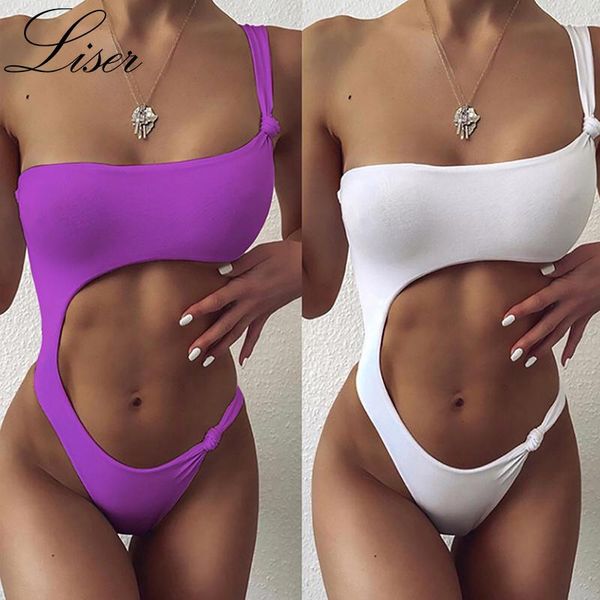 

solid color padded one-shoulder hollow bikini wholesale women's swimwear, White;black
