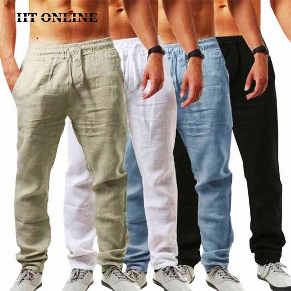 

summer mens cotton linen casual pants breathable solid color sports trousers fitness jogger straight loose drawstring sweatpants 210715, Black