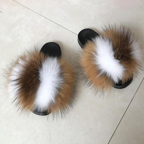

slippers fur flip flops women real fluffy sliders 2021 summer fashion, Black