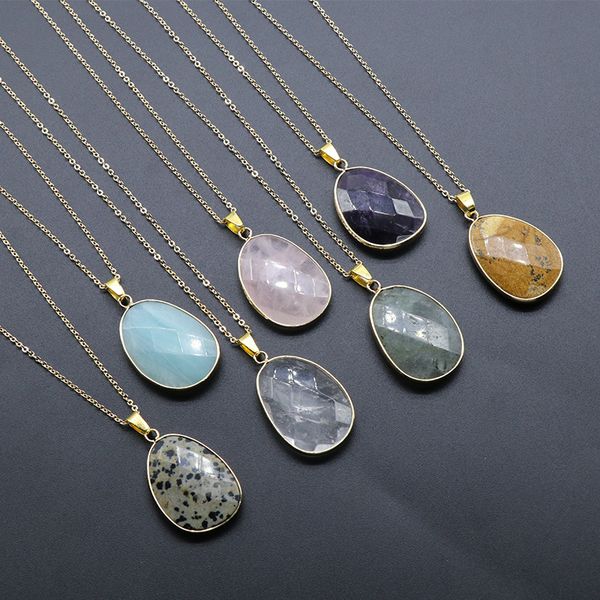 

natural quartz stone pendant necklace for women healing jewelry pendulum amethysts amazonite labradorite rose quartz necklace, Silver