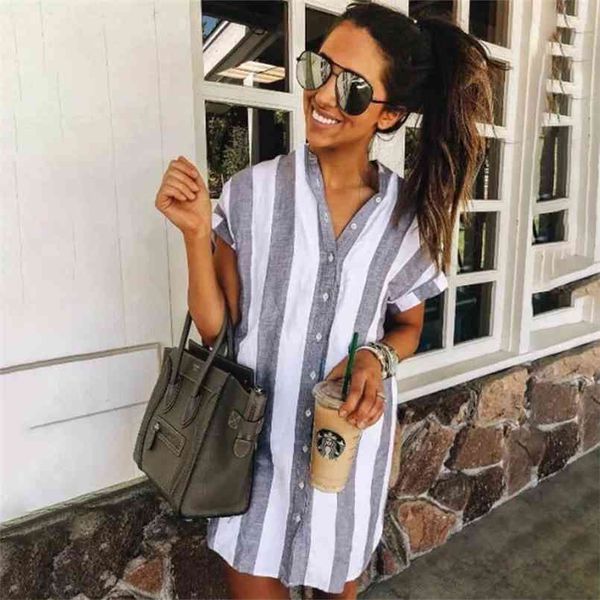 

casual cotton and linen shirt dress ladies short sleeve stand collar summer fashion beach style loose boho mini 210729, Black;gray