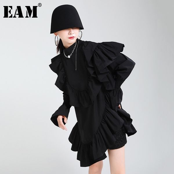 

[eam] women black ruffles split joint mimi dress new stand collar long sleeve loose fit fashion tide spring autumn 2021 210319, Black;gray