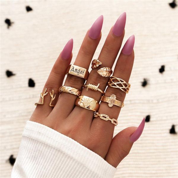 

cluster rings vagzeb boho luxury letter angle wedding ring sets for women gold color leaves heart geometric jewelry, Golden;silver