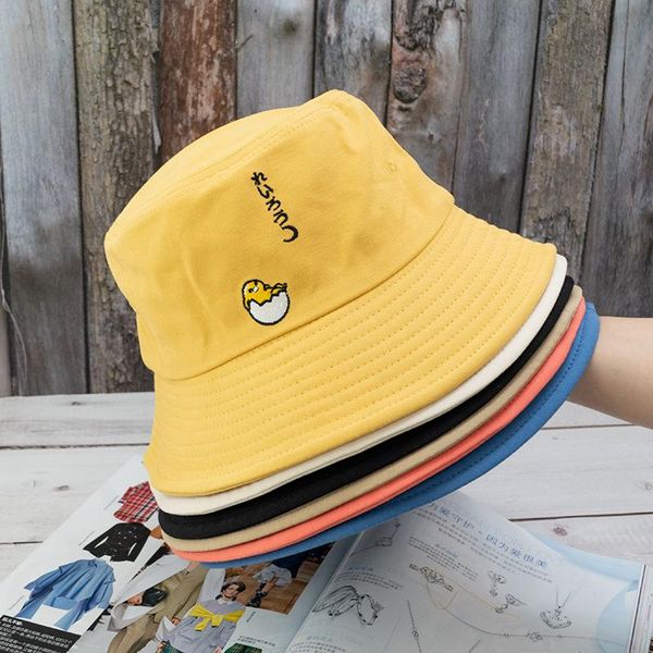

harajuku cartoon print bucket hat fisherman caps leisure fashion women animal embroidery bob cotton outdoor beach sun hats wide brim, Blue;gray