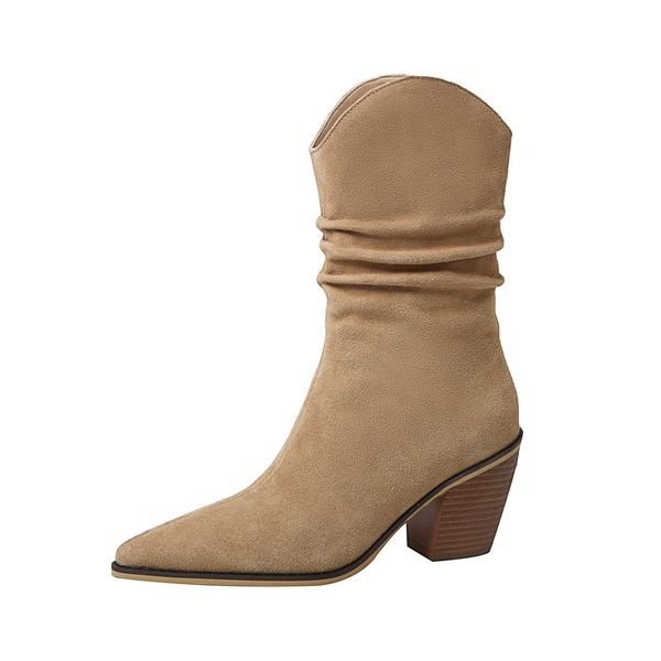 

womens pointed toe slip-on ankle boots brown black vintage british style western boots nubuck pleated chunky heels shoes
