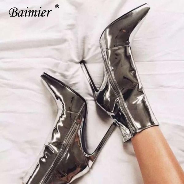 

boots baimier luxury gold silver bling women patent leather ankle for fashion warm plush winter, Black