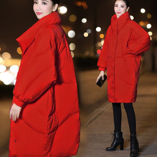 

leather korean cocoon lady winter jacket long parka neck outwear casual quilted cotton clothing mujer invierno f2896 onsm, Black