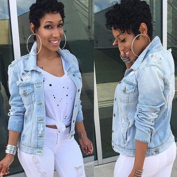 

women's jackets blue denim coats women hole fashion jacket 2021 autumn short design outwear slim, Black;brown