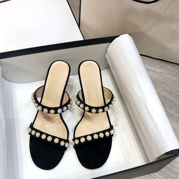 

70% off wholesale flip-flops shoes summer fashion luxury pearl high heeled women's slippers round toe open one word strap stiletto bead, Black