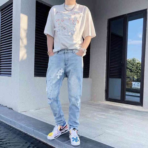 

brand crosin fashion cro fhting brand ch quality chomehearts classic cross leather embroidery wash make old hole straig, Blue