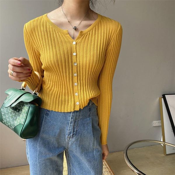 

women's knits & tees spring and autumn casual solid color v-neck long-sleeved short cardigan sweater, White