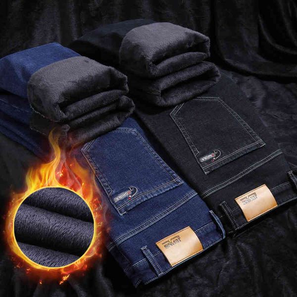 

plush jeans men's winter busins loose straight elastic medium high waist warm thickened long, Blue
