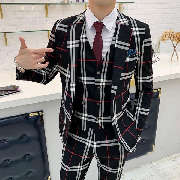 

business suits mens plaid designers 2021 vintage elegant 3 piece moda masculina dress smoking slim fit, White;black