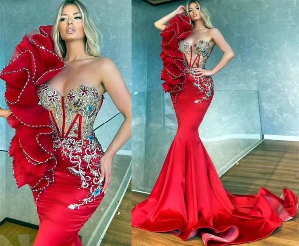 2022 Plus Size Arabo Aso Ebi Red Lussuoso abito da ballo a sirena Cristalli di perline Elegante sera formale Festa Abiti da secondo ricevimento Abito CG001