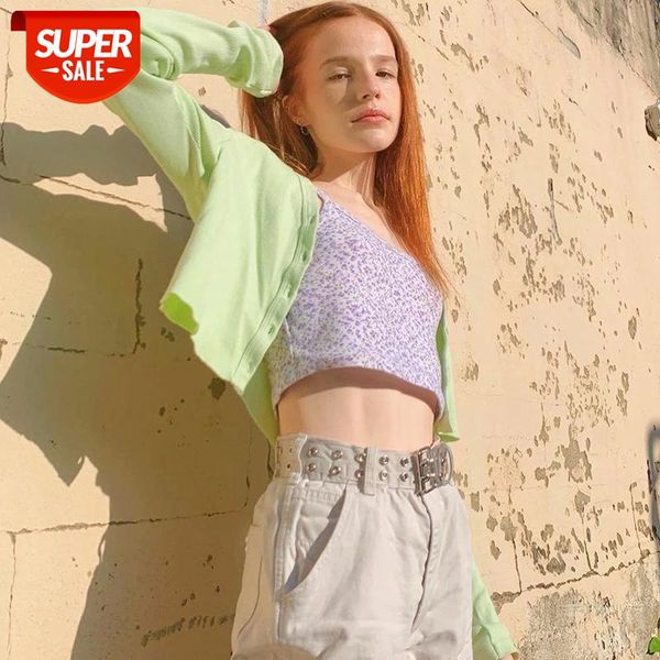 

spaghetti strap floral graphic cropped fashion printing backless purple camis chic summer cute tank #z106, White