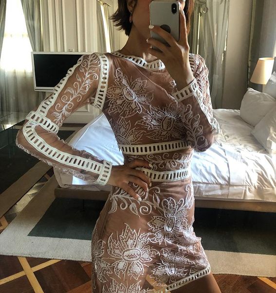 

casual dresses women stylish contrast embroidery round neck mesh short dress with long sleeve & hollow out detail lining, Black;gray