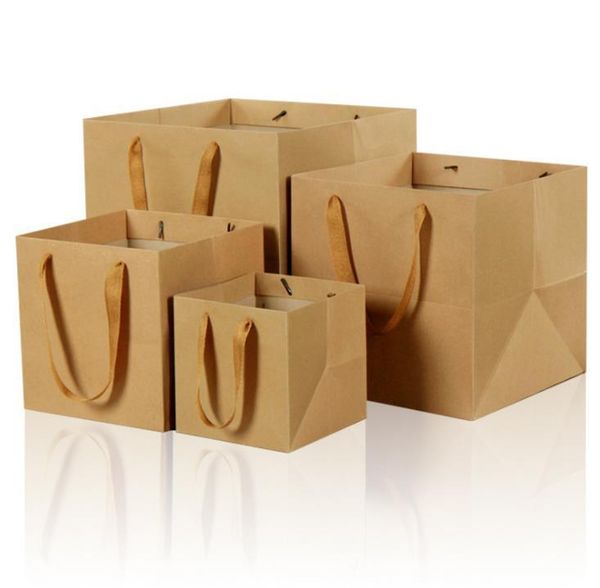 

gift wrap 100pcs/lot fruit flowers bonsai packaging paper bag with handle square bottom kraft black/brown 4 size sn681